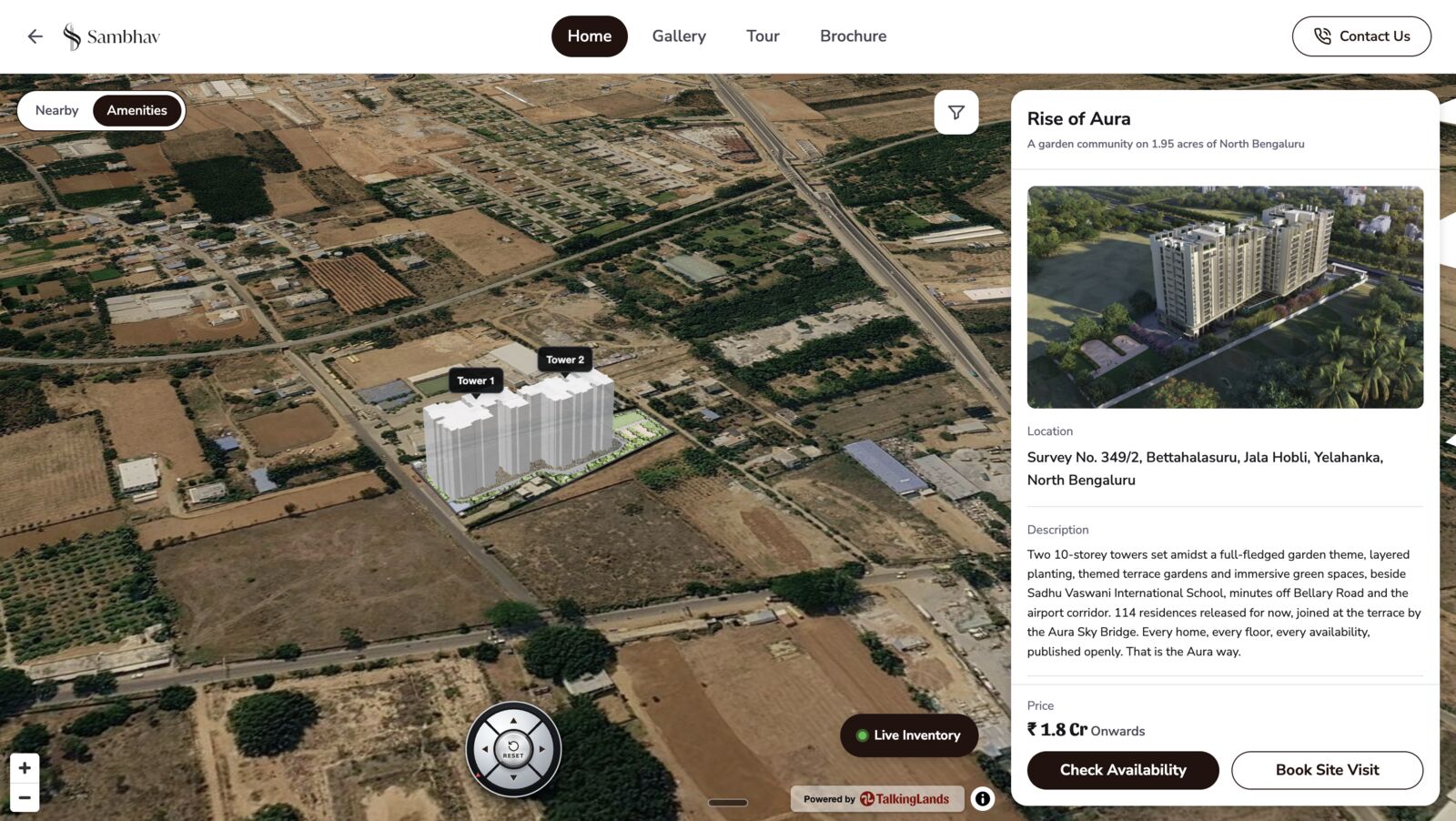 A REVEAL project microsite: two towers modelled in 3D on the real site, with a Live Inventory pill, a Nearby and Amenities toggle, and a side panel showing location, description, price onwards and Check Availability and Book Site Visit buttons